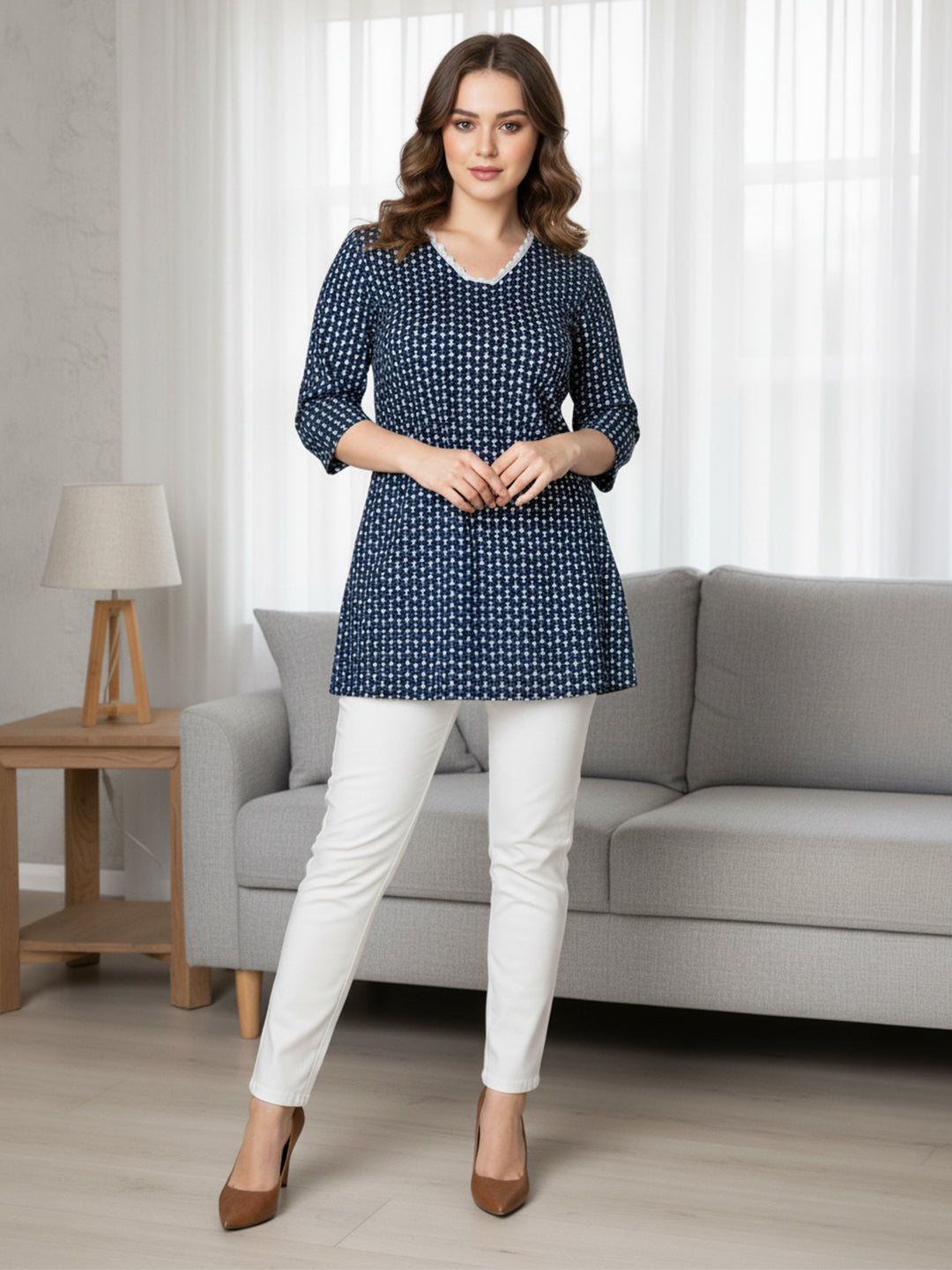 Janasya Women's Indigo Pure Cotton Ethnic Motifs Printed Straight Tunic