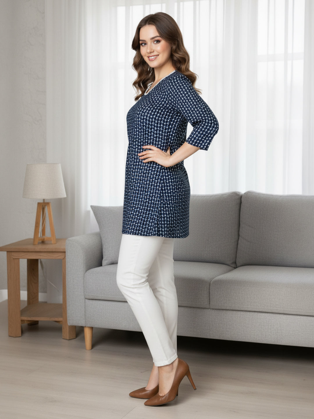 Janasya Women's Indigo Pure Cotton Ethnic Motifs Printed Straight Tunic