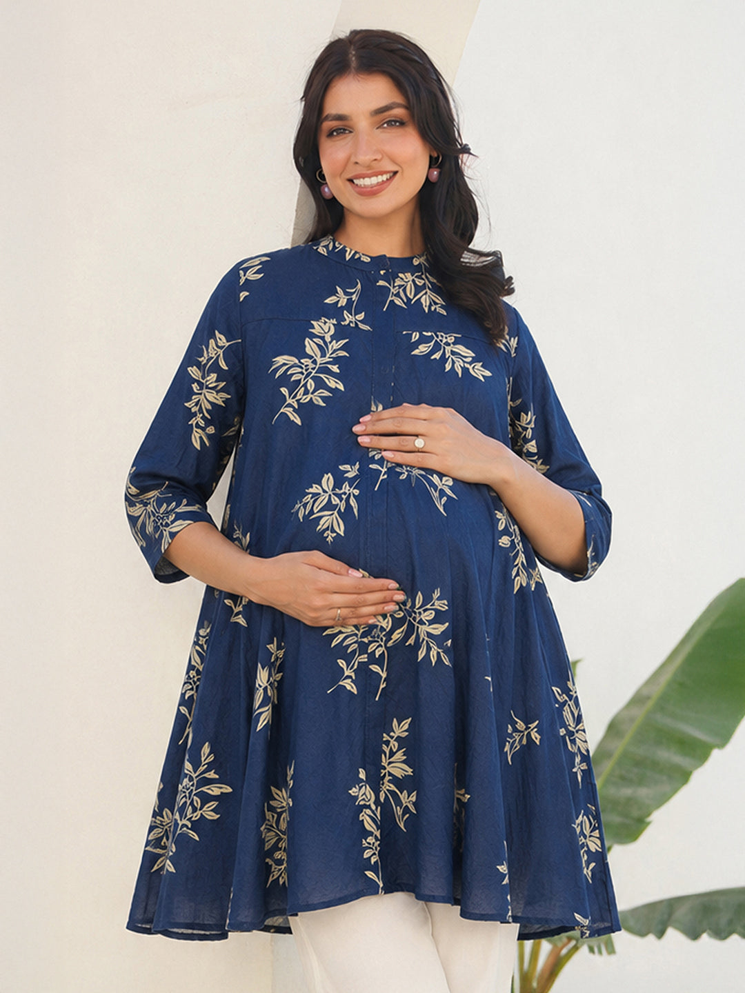 Janasya Women's Maternity Navy Blue Pure Cotton Floral Printed A-Line Tunic