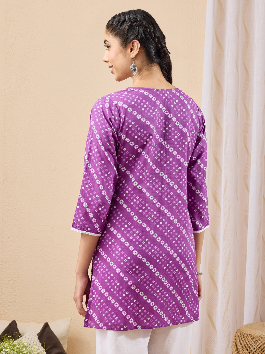 Janasya Women's Purple Pure Cotton Bandhani Printed Straight Tunic