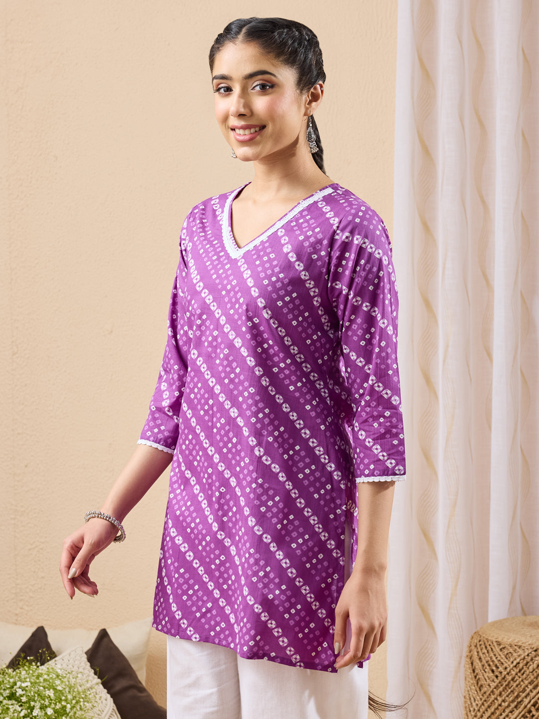Janasya Women's Purple Pure Cotton Bandhani Printed Straight Tunic