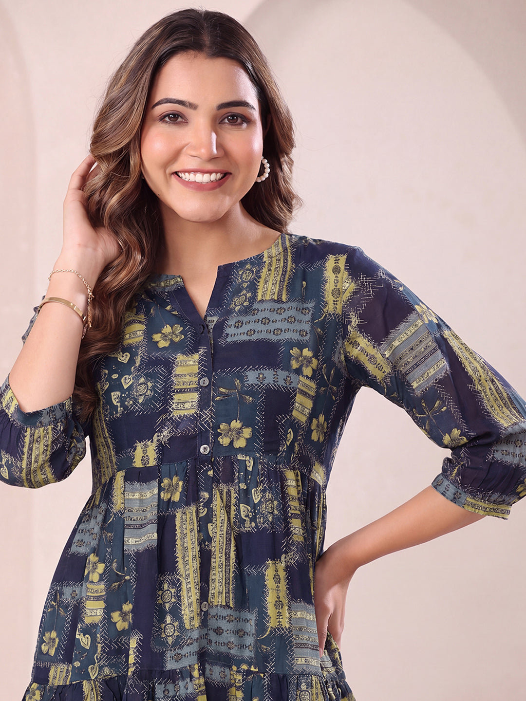 Janasya Women's Navy Blue Georgette Floral Printed A-Line Tunic