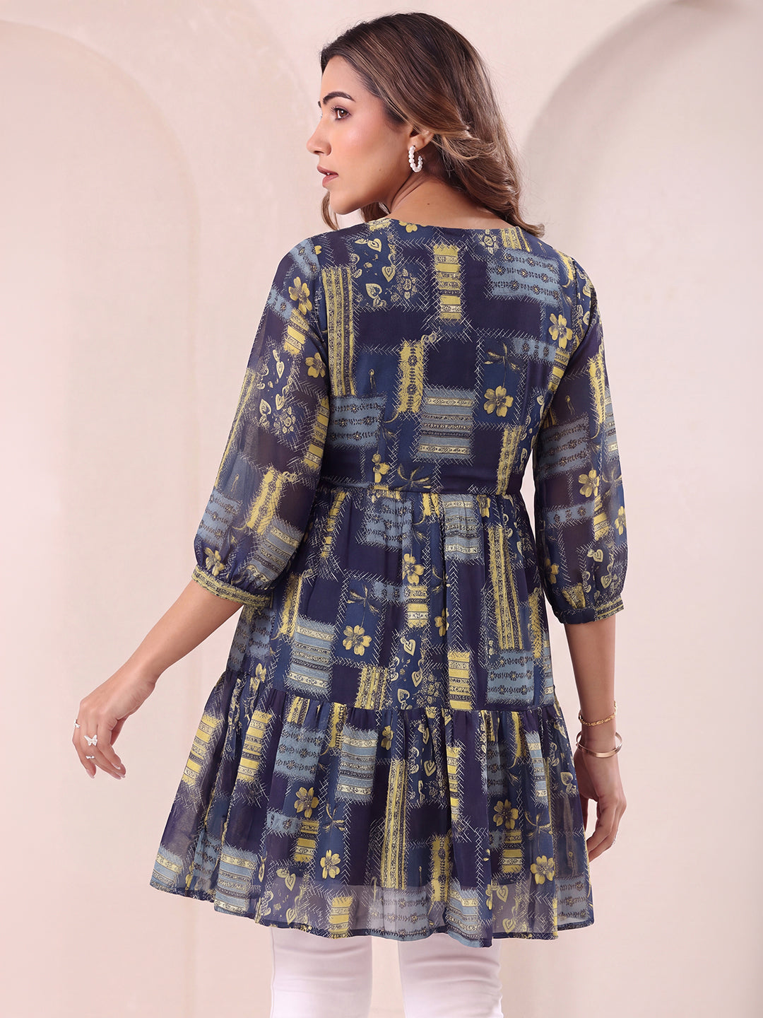 Janasya Women's Navy Blue Georgette Floral Printed A-Line Tunic