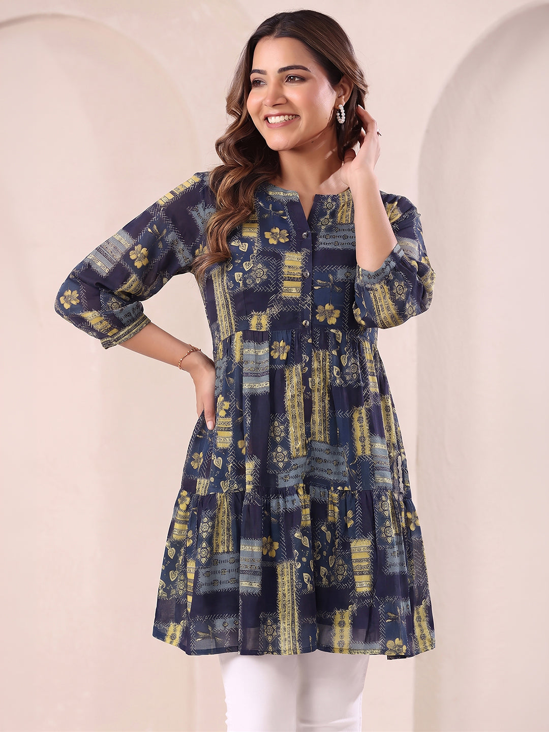 Janasya Women's Navy Blue Georgette Floral Printed A-Line Tunic