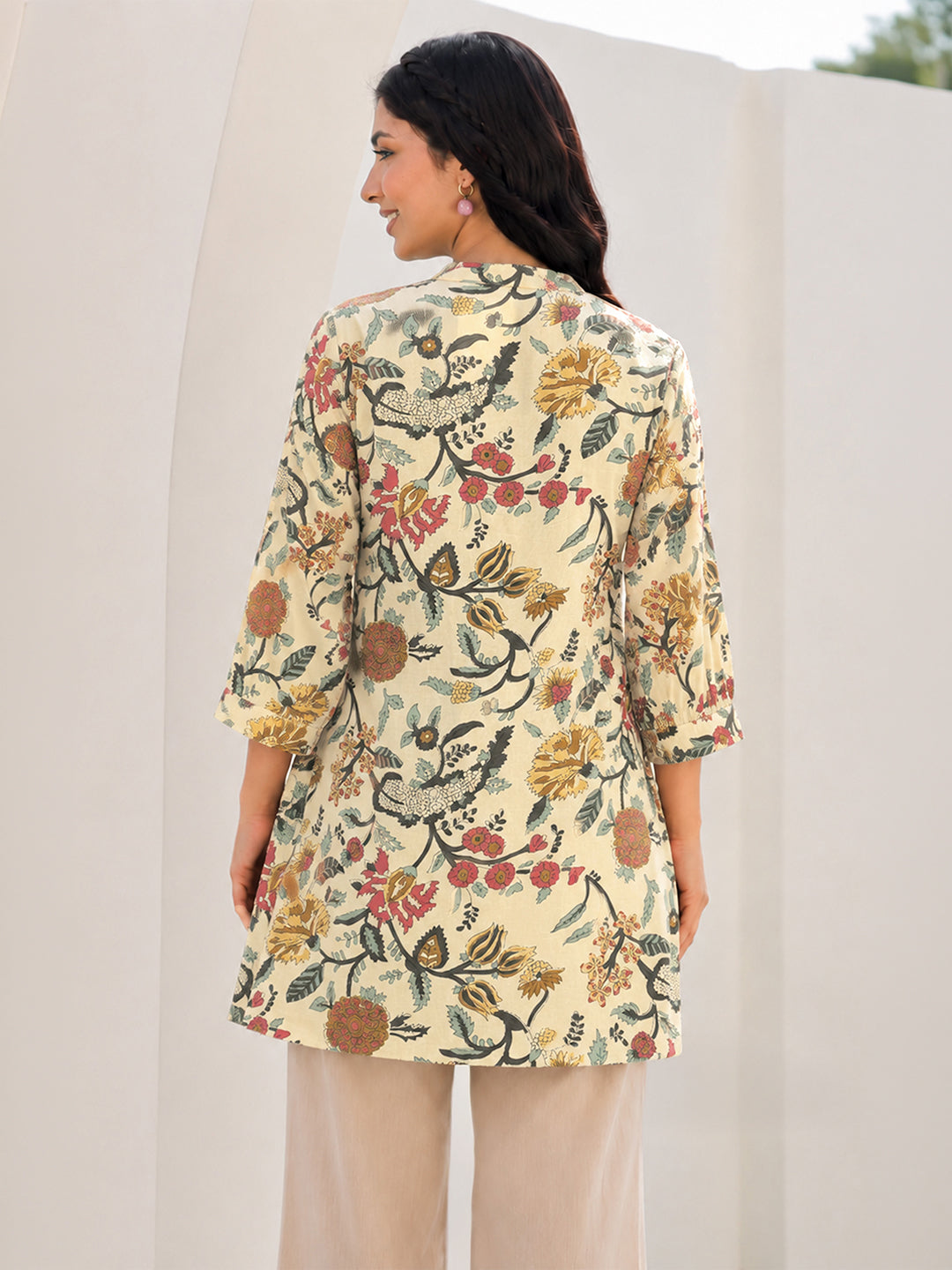 Janasya Women's Maternity Beige Pure Cotton Floral Printed A-Line Tunic