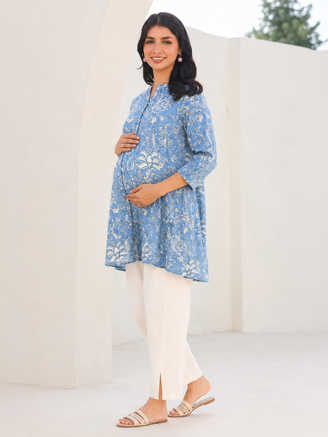 Janasya Women's Maternity Sky Blue Pure Cotton Floral Printed A-Line Tunic