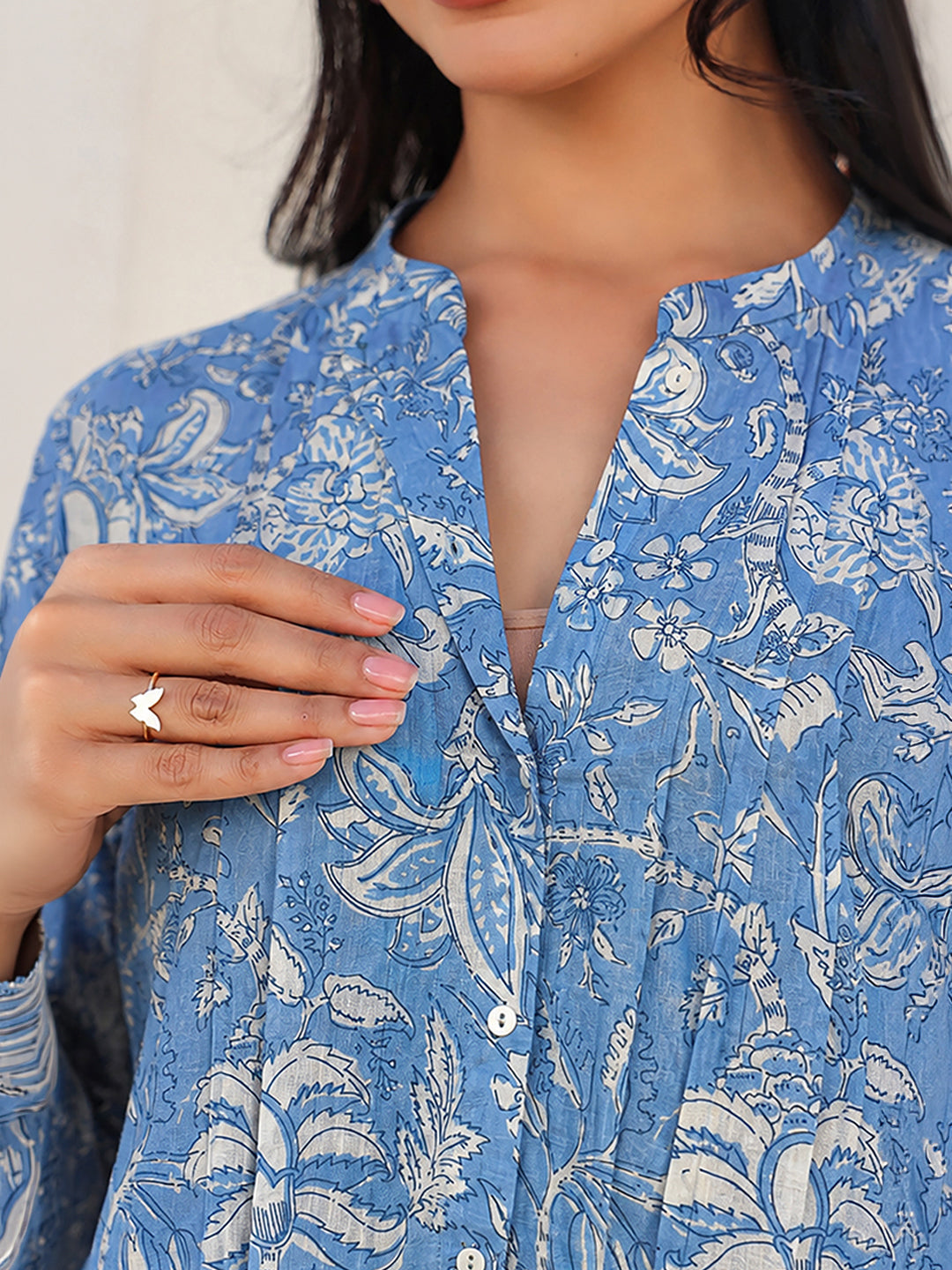Janasya Women's Maternity Sky Blue Pure Cotton Floral Printed A-Line Tunic