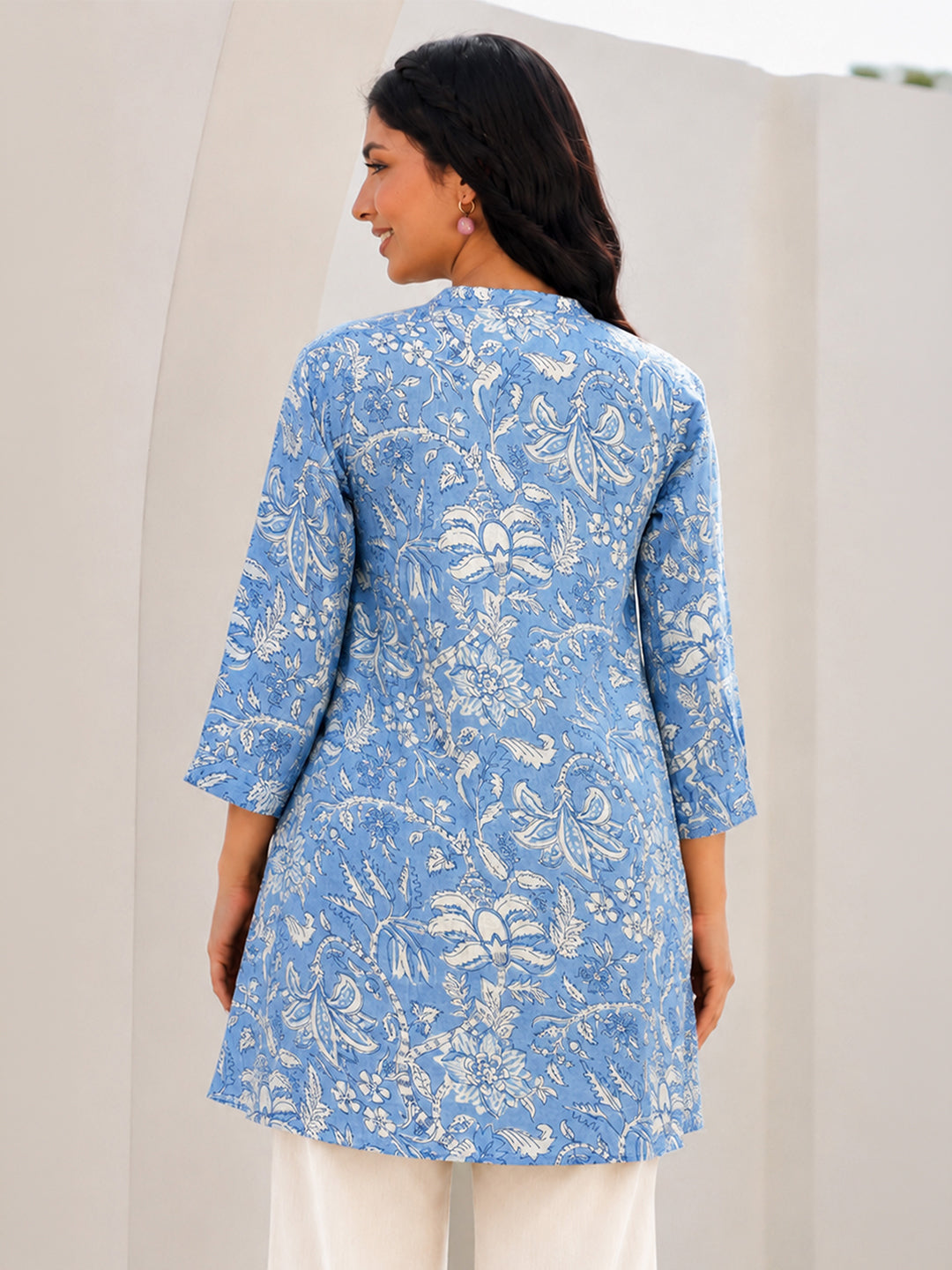 Janasya Women's Maternity Sky Blue Pure Cotton Floral Printed A-Line Tunic