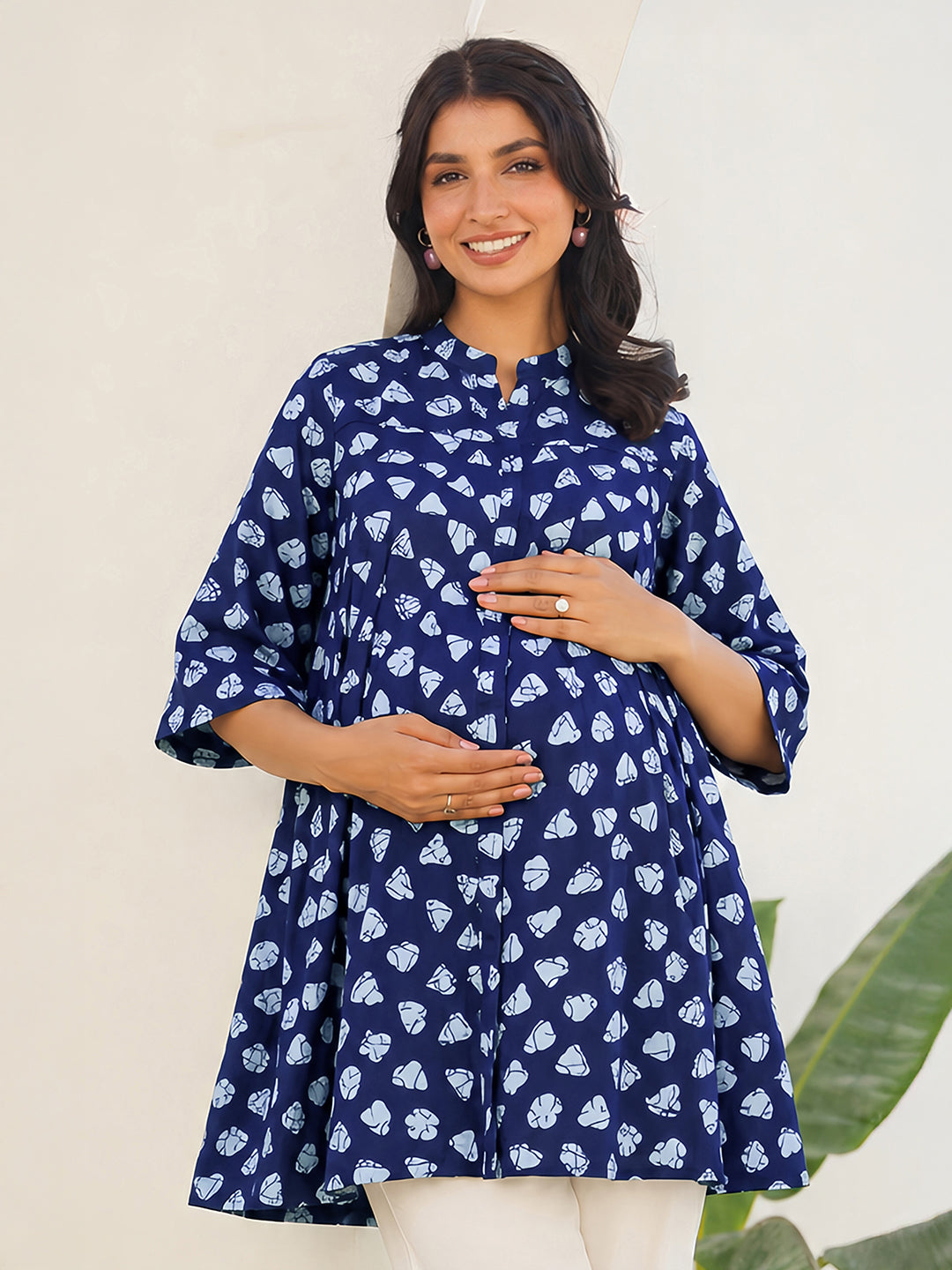 Janasya Women's Maternity Blue Pure Cotton Printed A-Line Tunic