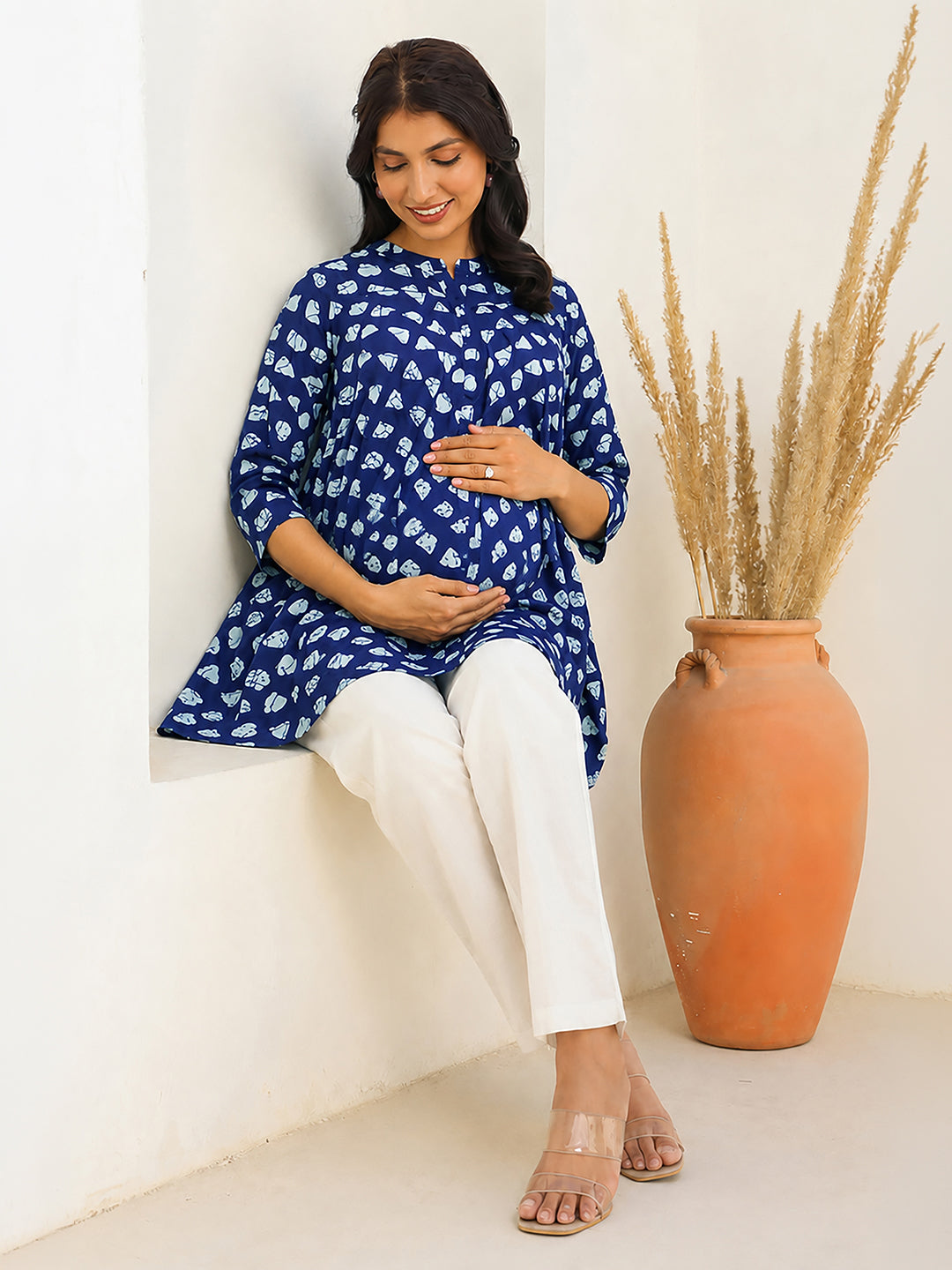 Janasya Women's Maternity Blue Pure Cotton Printed A-Line Tunic