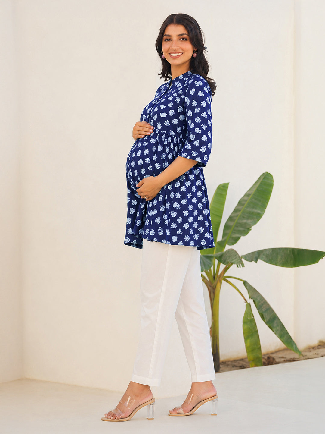 Janasya Women's Maternity Blue Pure Cotton Printed A-Line Tunic