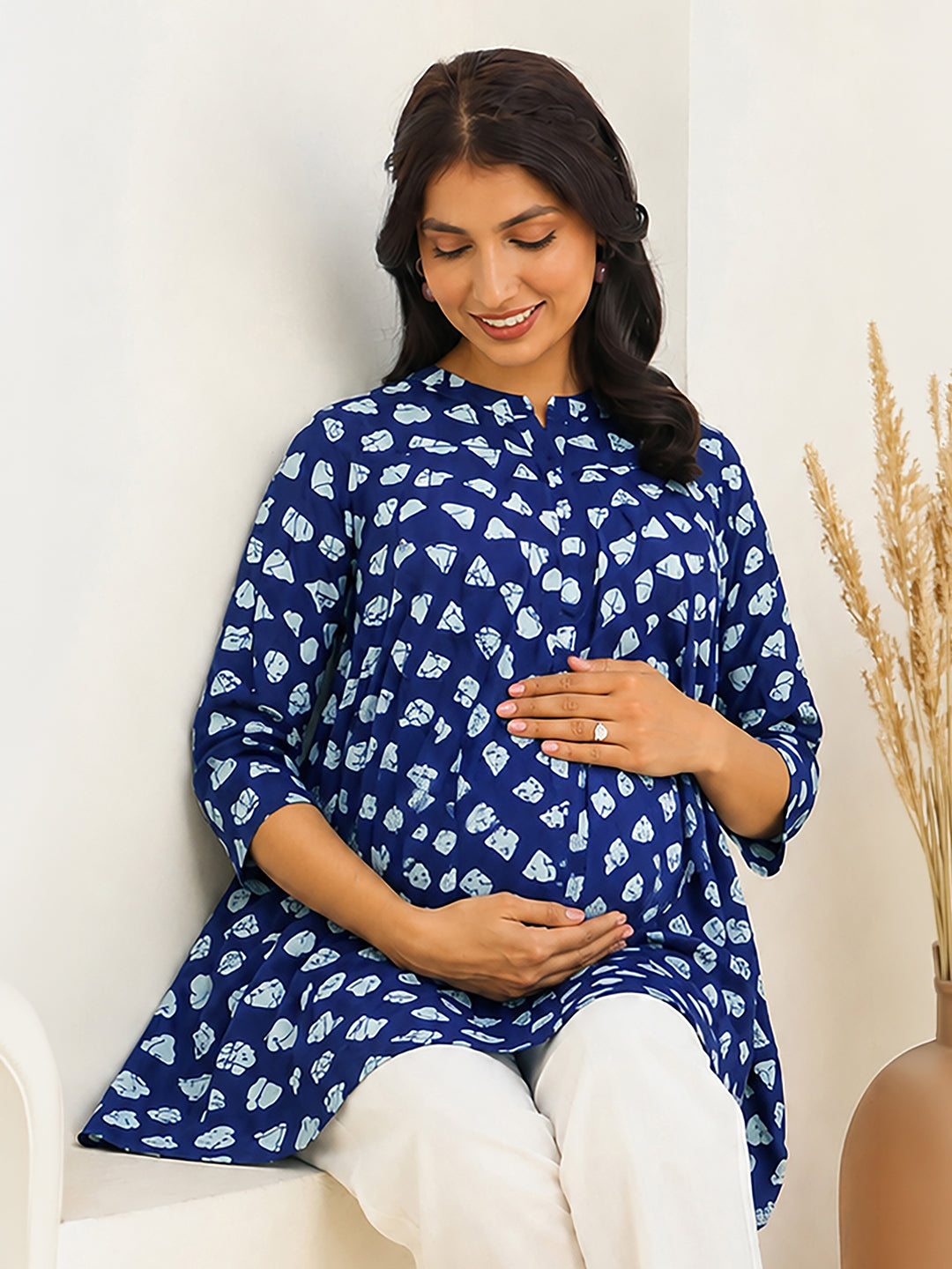 Janasya Women's Maternity Blue Pure Cotton Printed A-Line Tunic