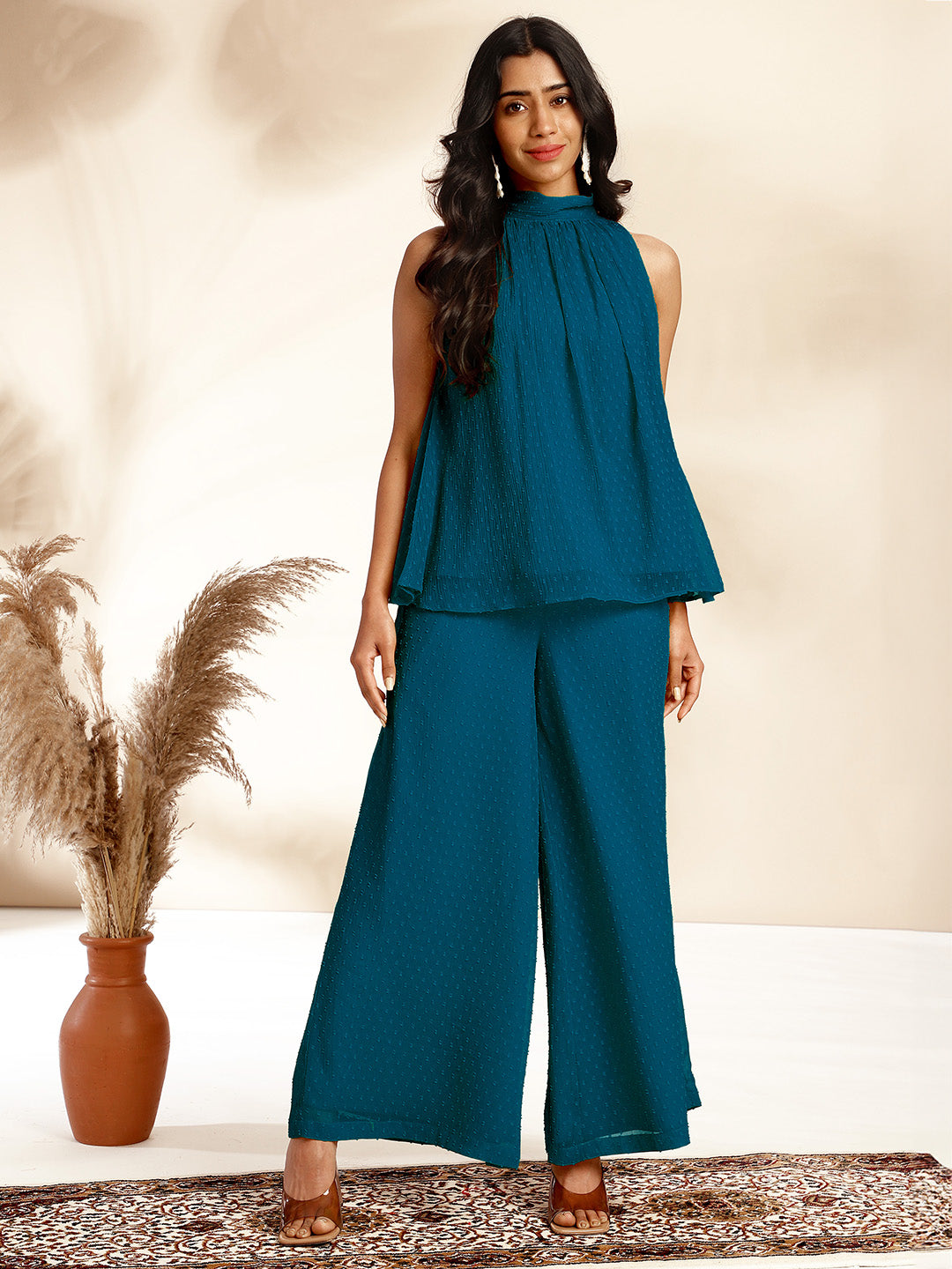 Teal Chiffon Woven Design Gathered Co-Ord Set