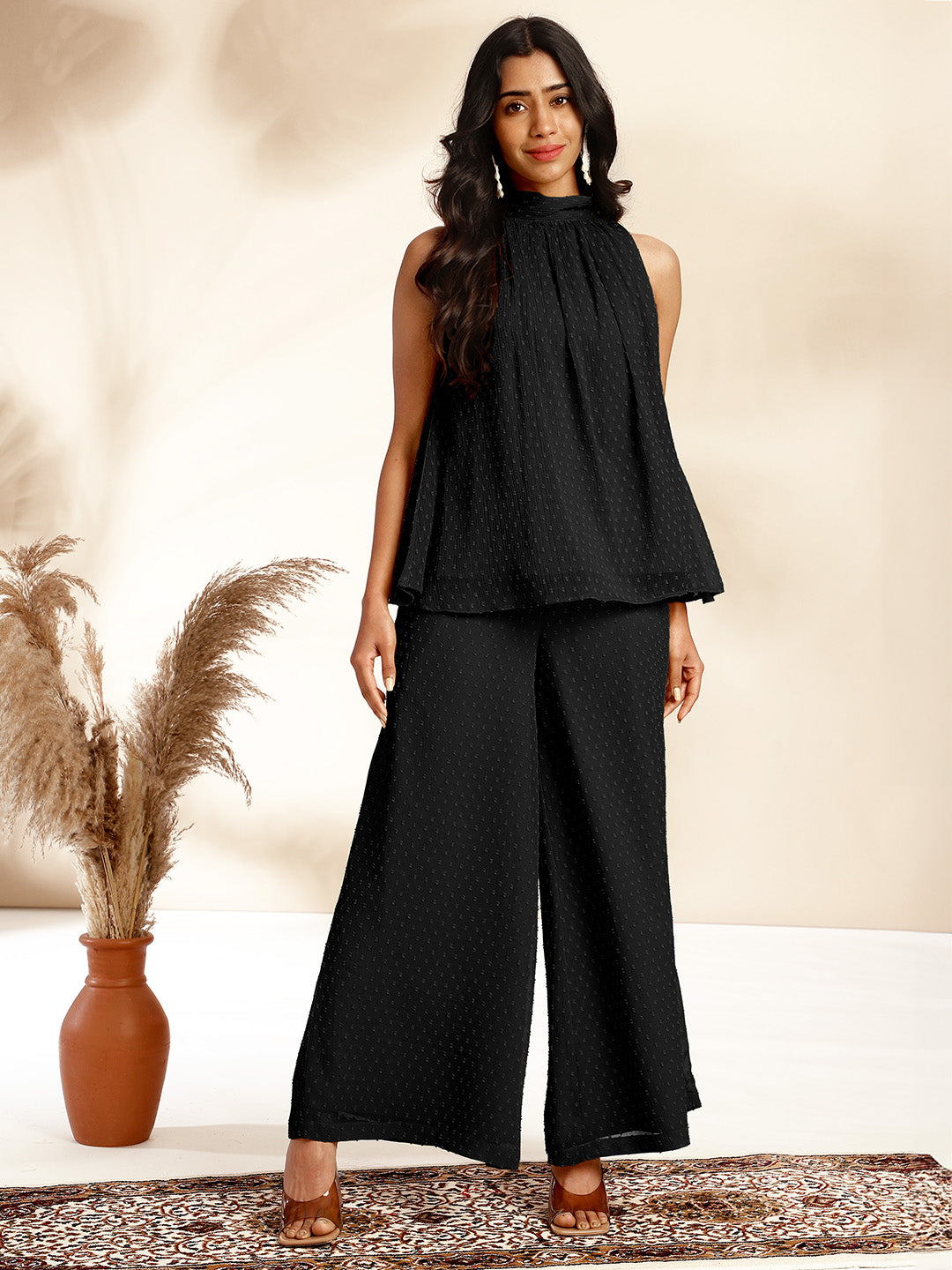 Black Chiffon Woven Design Gathered Co-Ord Set