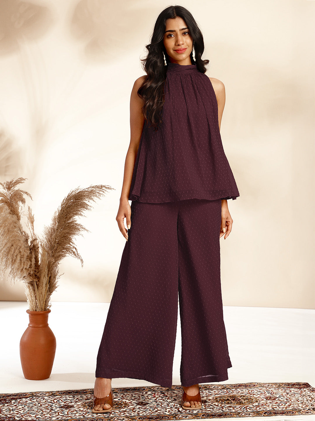 Wine Chiffon Woven Design Gathered Co-Ord Set