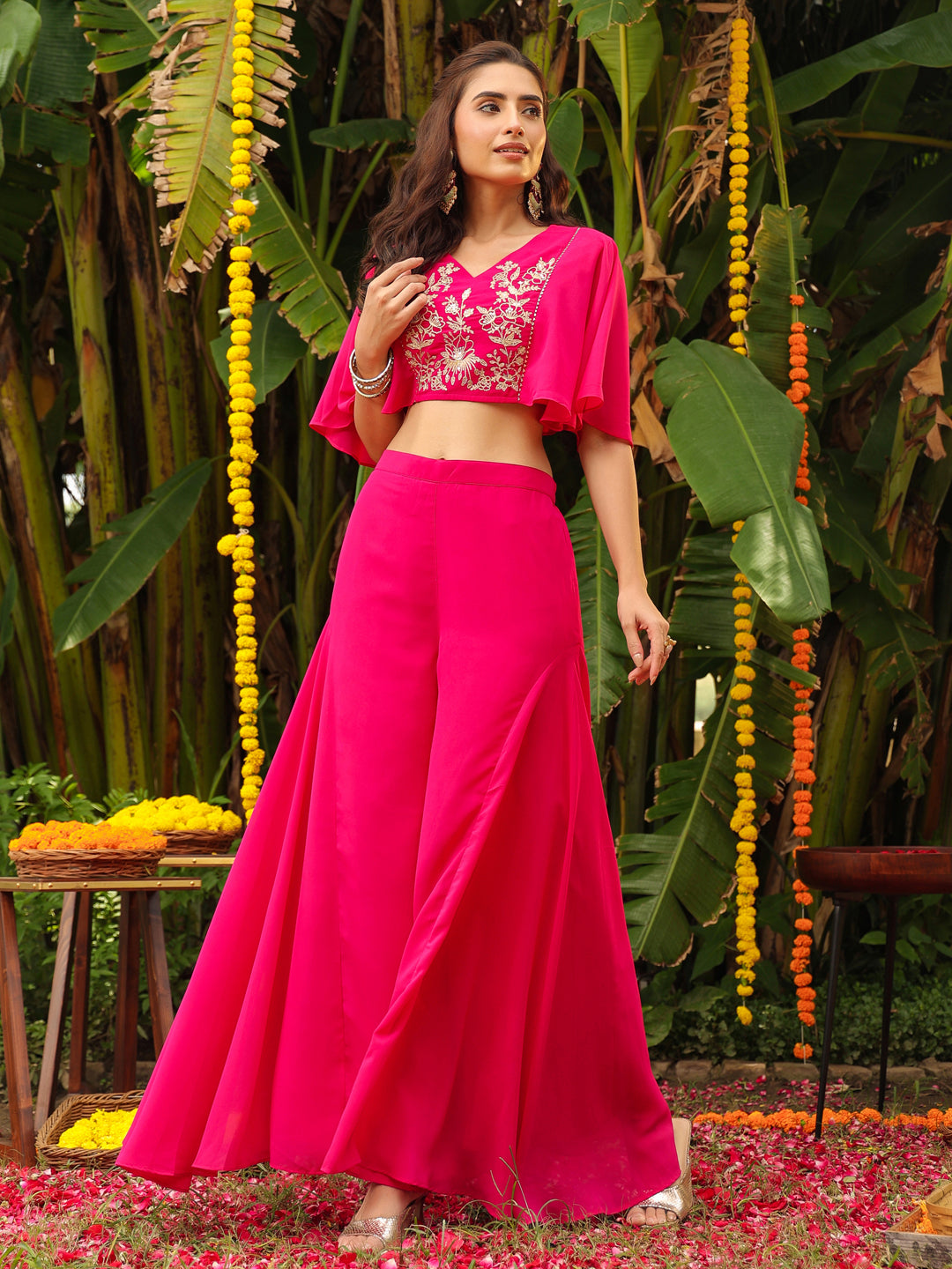 Pink Georgette Yoke Embroidered Co-Ord Set