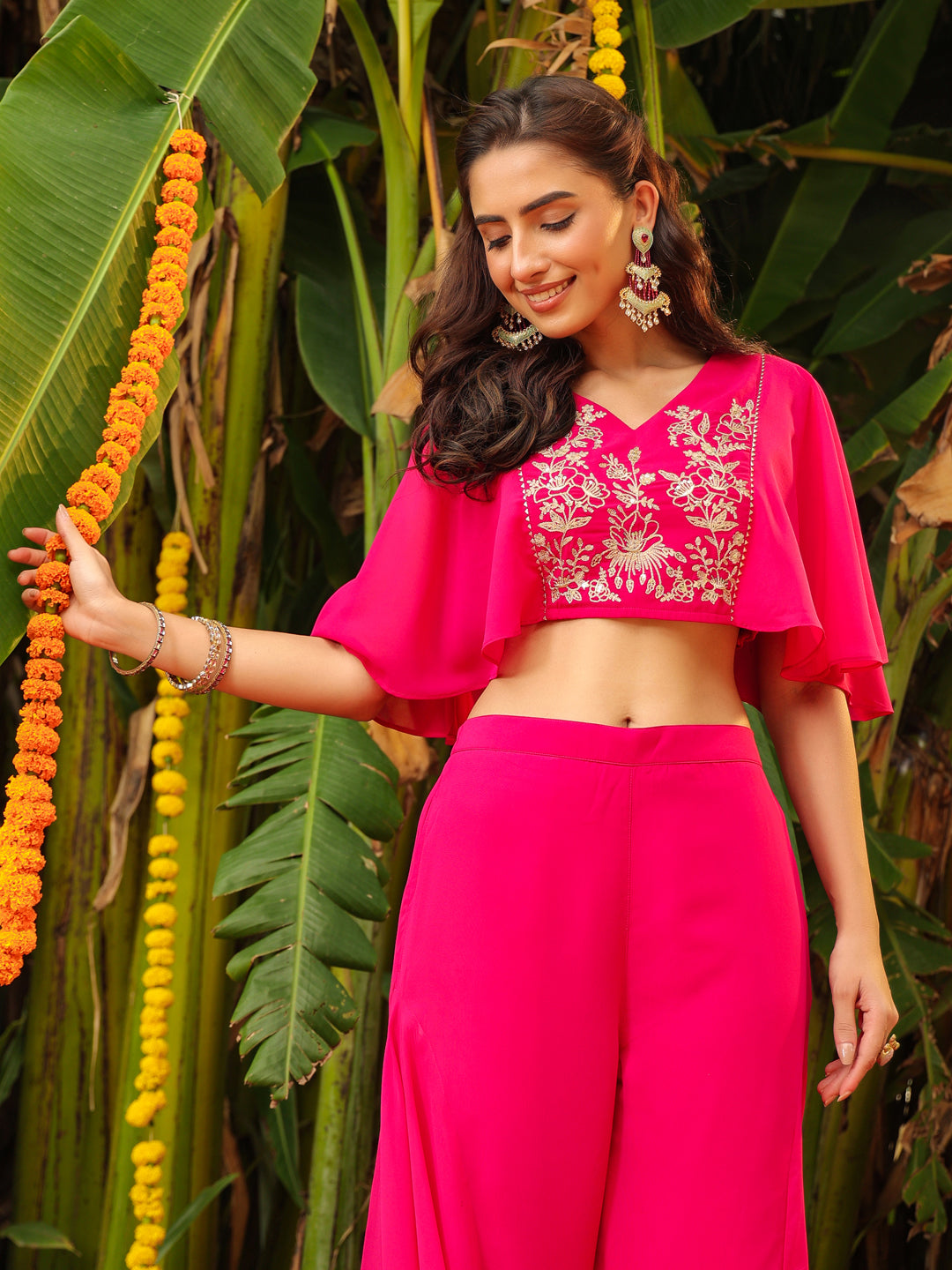 Pink Georgette Yoke Embroidered Co-Ord Set