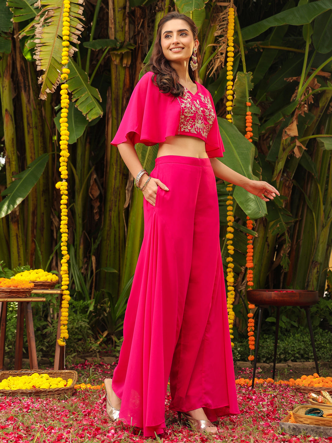 Pink Georgette Yoke Embroidered Co-Ord Set