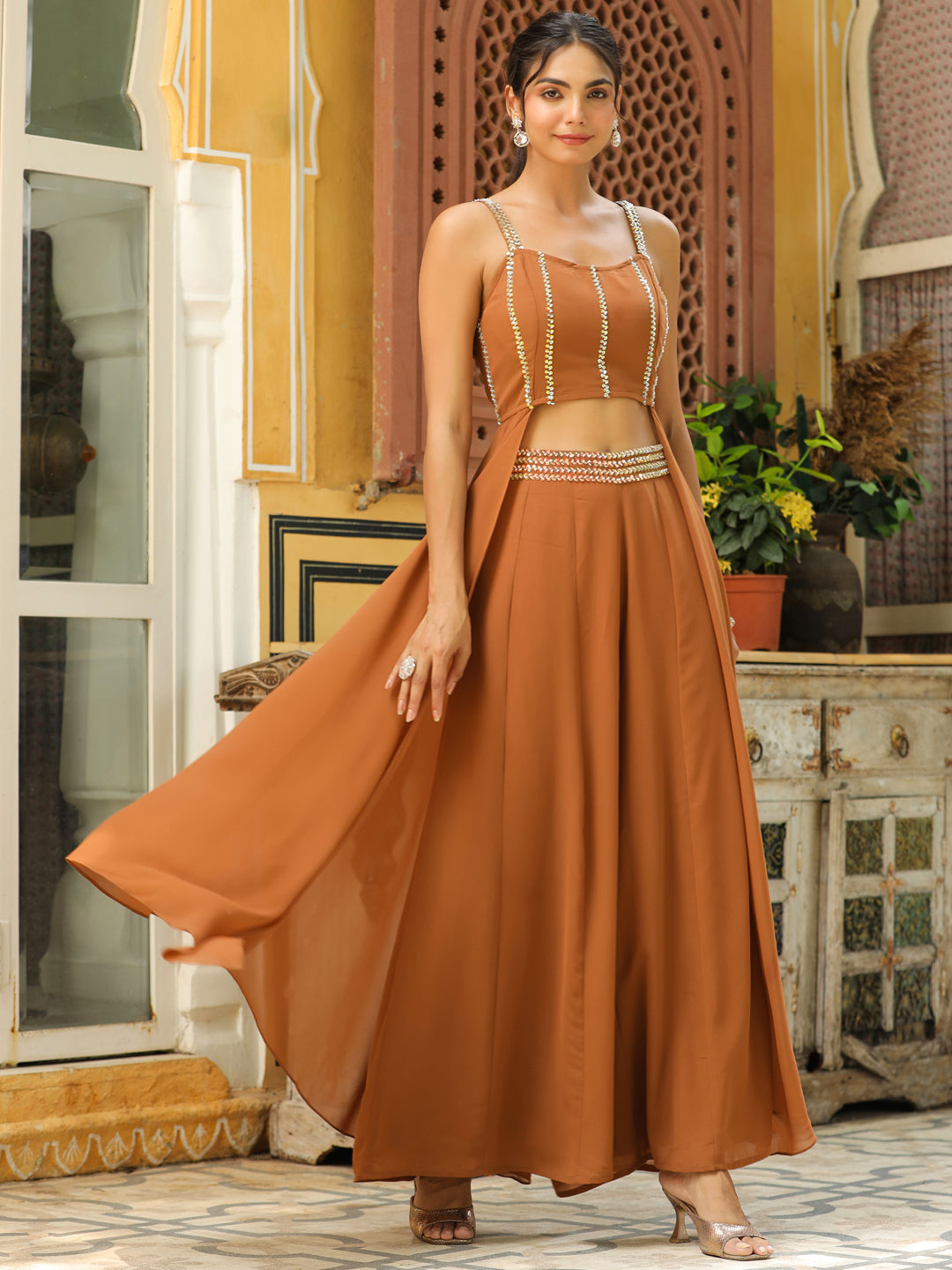 Brown Georgette Embellished Flared Co-Ord Set