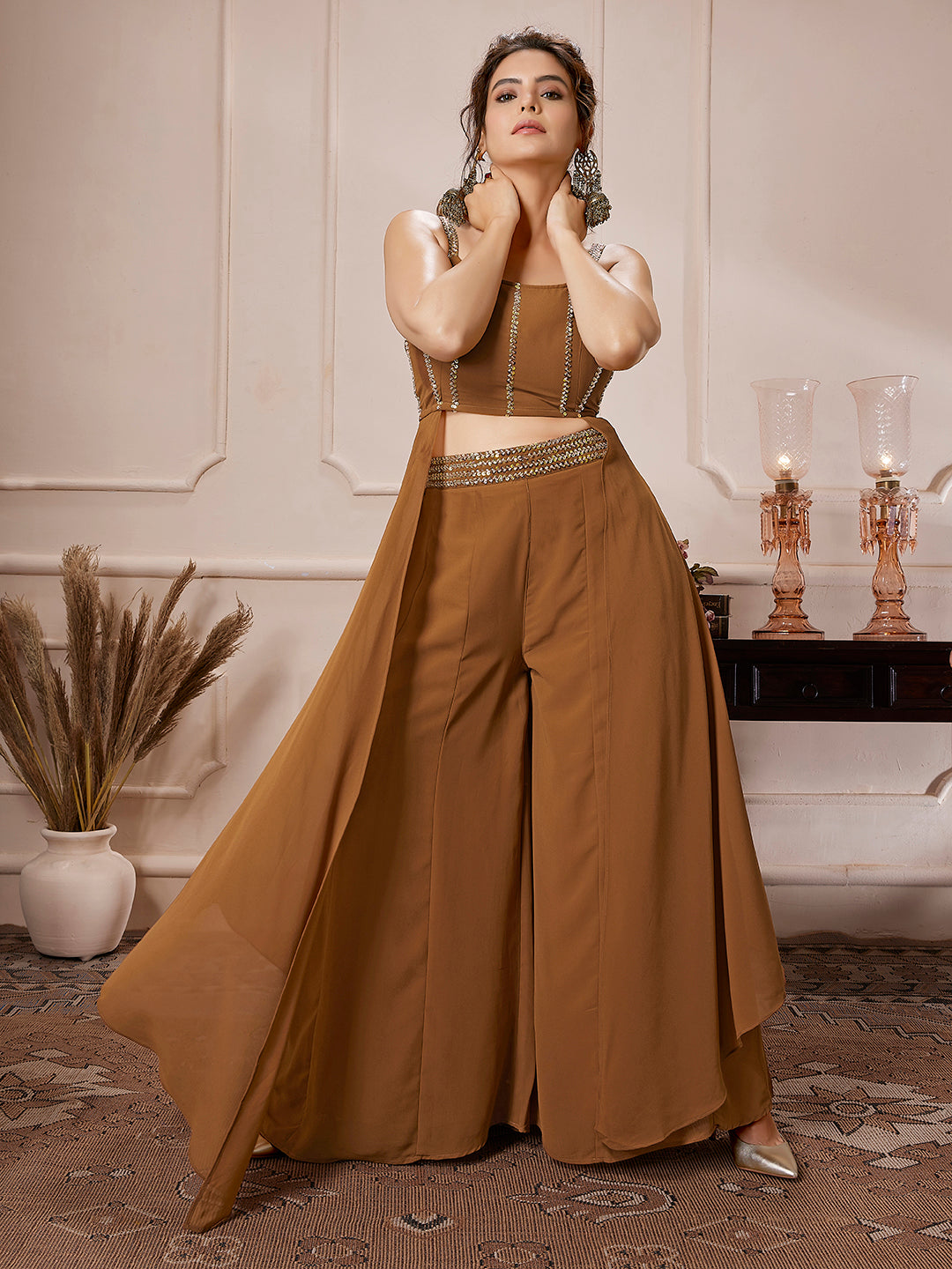 Brown Georgette Embellished Flared Co-Ord Set