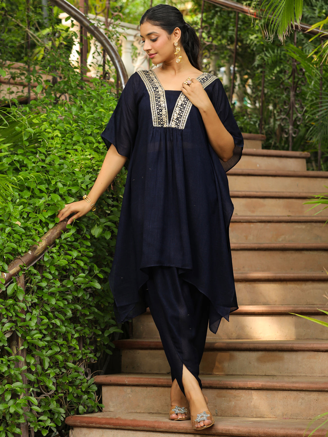 Navy Blue Silk Blend Yoke Embroidered Kaftan Co-Ord Set