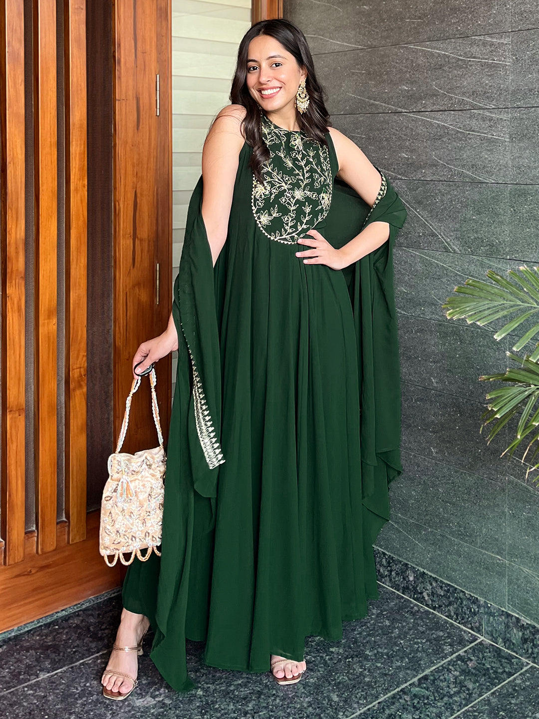 Dark Green Georgette Embroidered Anarkali Dress With Cape