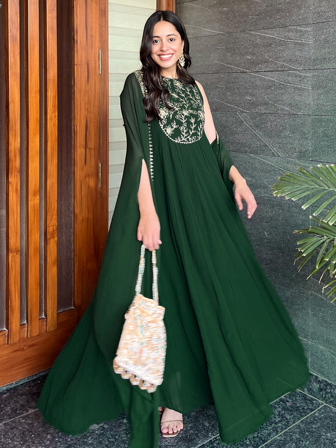 Dark Green Georgette Embroidered Anarkali Dress With Cape