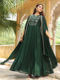 Dark Green Georgette Embroidered Anarkali Dress With Cape