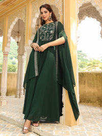 Dark Green Georgette Embroidered Anarkali Dress With Cape