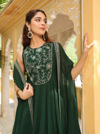 Dark Green Georgette Embroidered Anarkali Dress With Cape