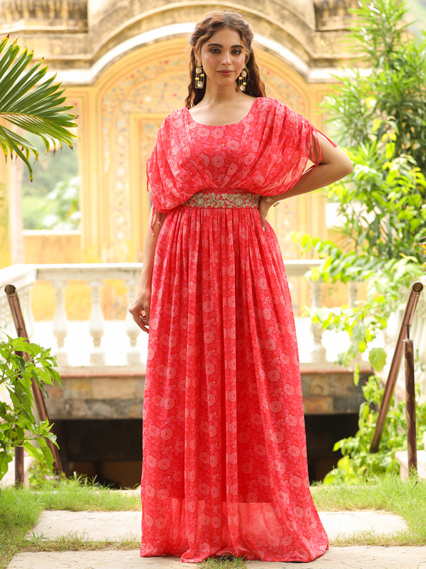 Bright Pink Georgette Floral Maxi Gown With Embellished Belt