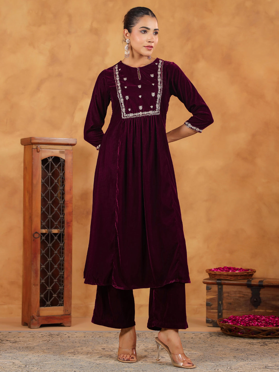 Wine Velvet Zari Embroidered A-Line Kurta Set