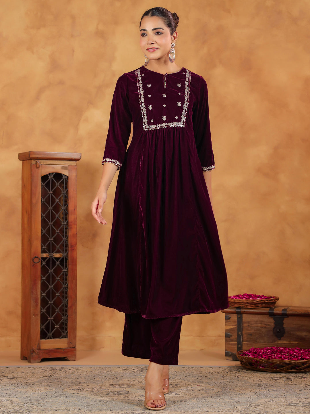 Wine Velvet Zari Embroidered A-Line Kurta Set