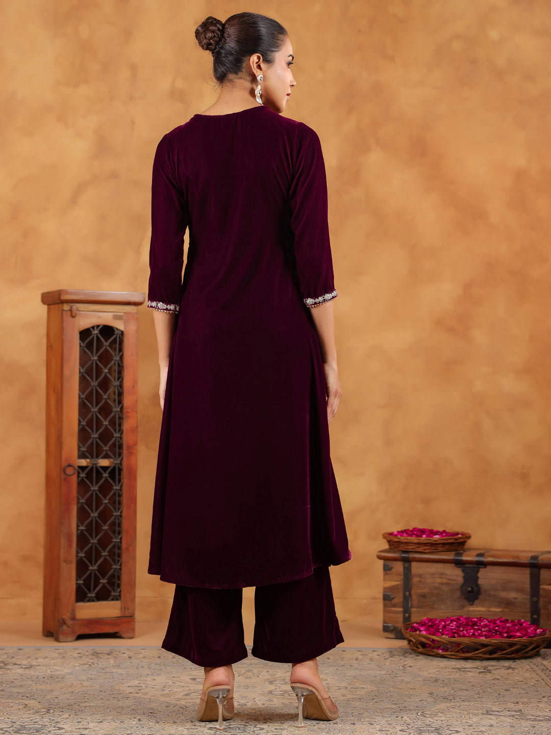 Wine Velvet Zari Embroidered A-Line Kurta Set