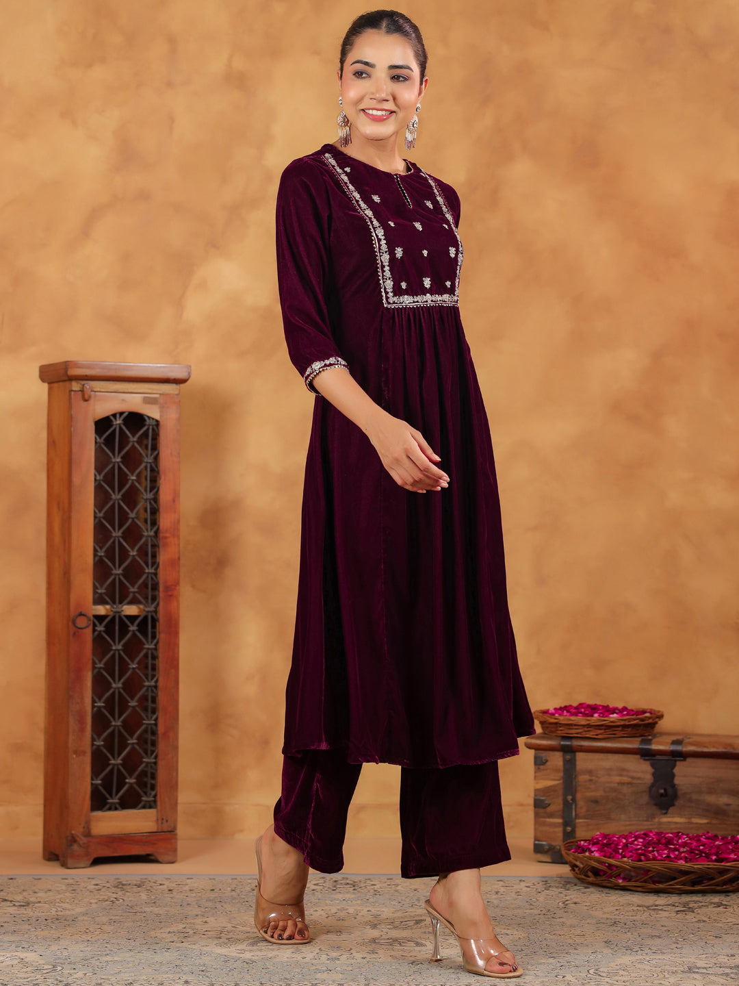 Wine Velvet Zari Embroidered A-Line Kurta Set