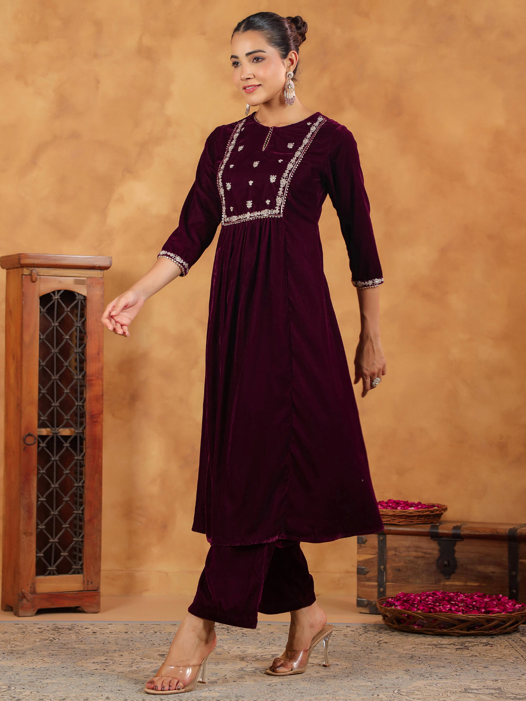 Wine Velvet Zari Embroidered A-Line Kurta Set