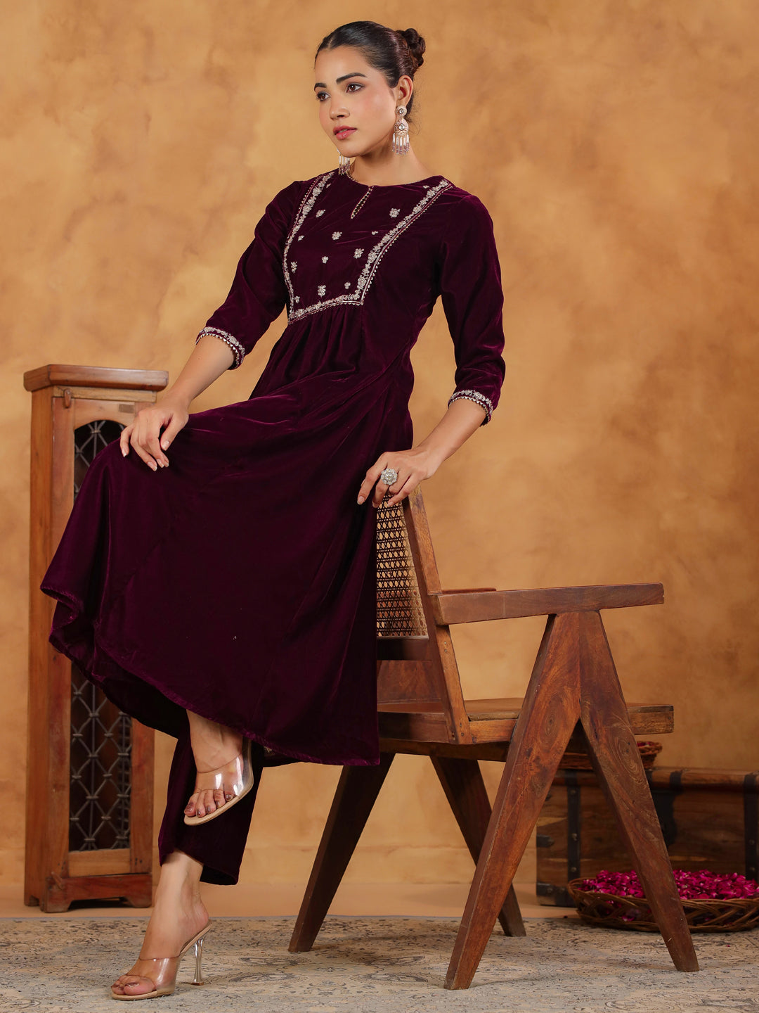 Wine Velvet Zari Embroidered A-Line Kurta Set