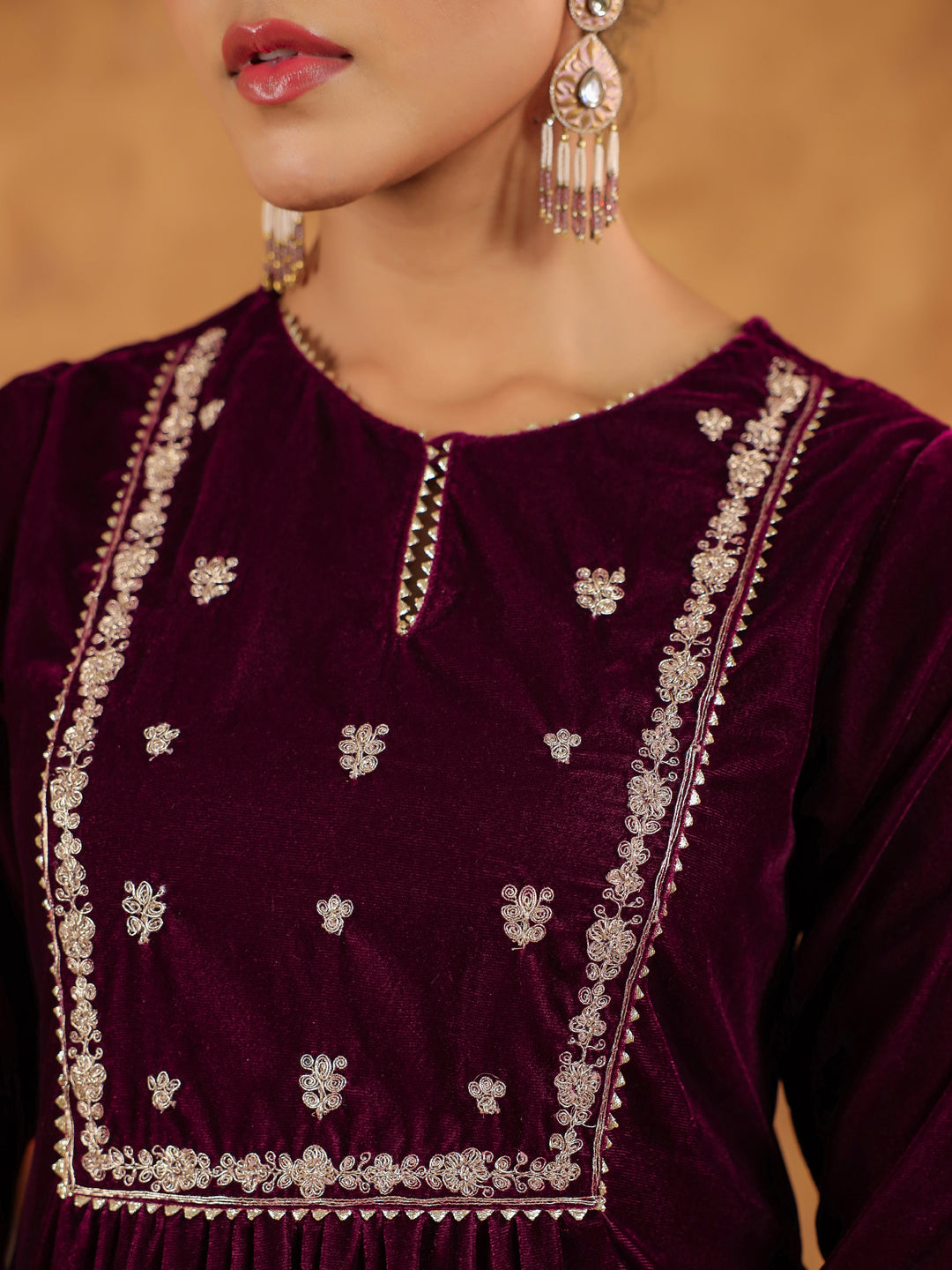 Wine Velvet Zari Embroidered A-Line Kurta Set