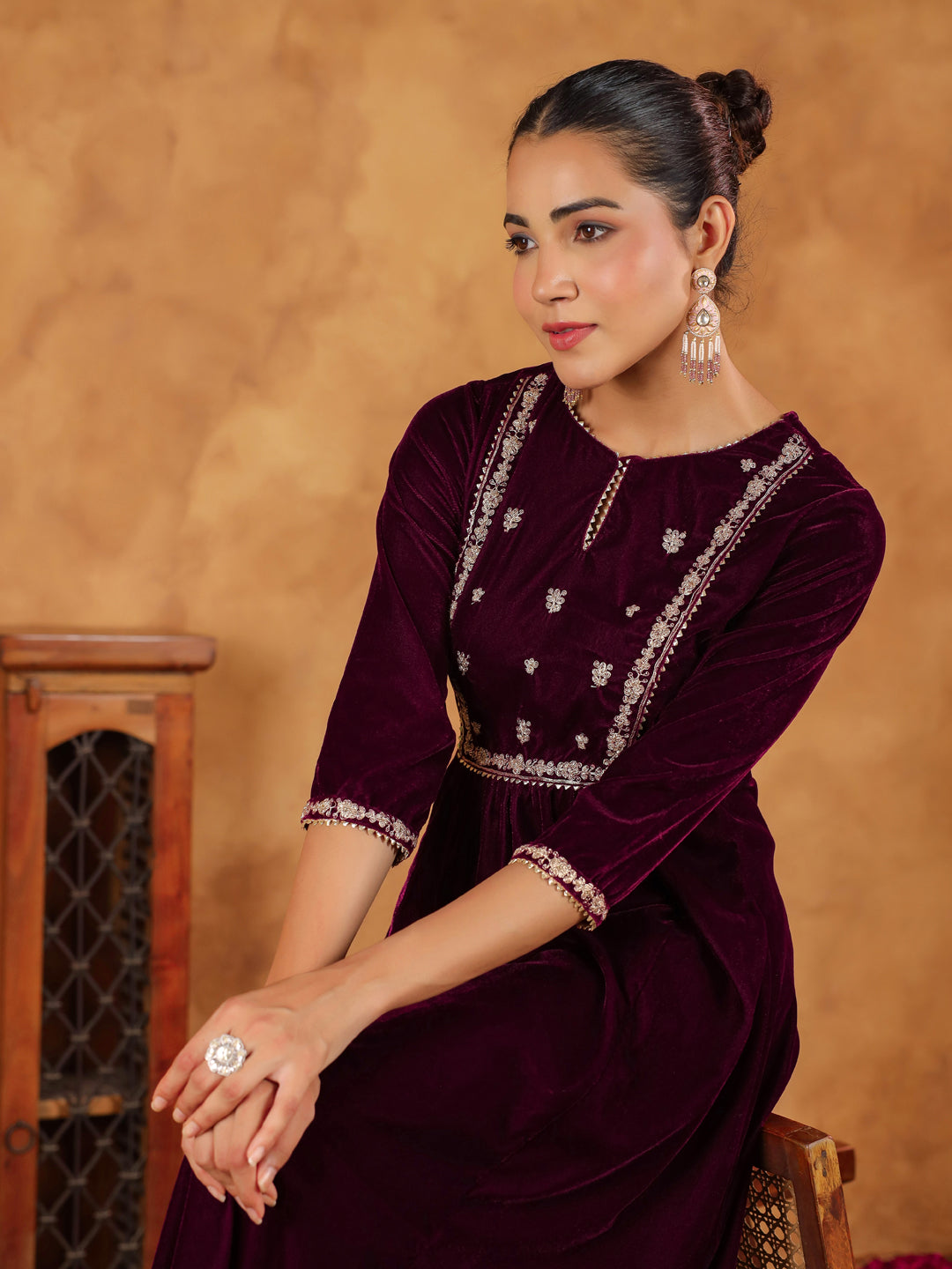 Wine Velvet Zari Embroidered A-Line Kurta Set