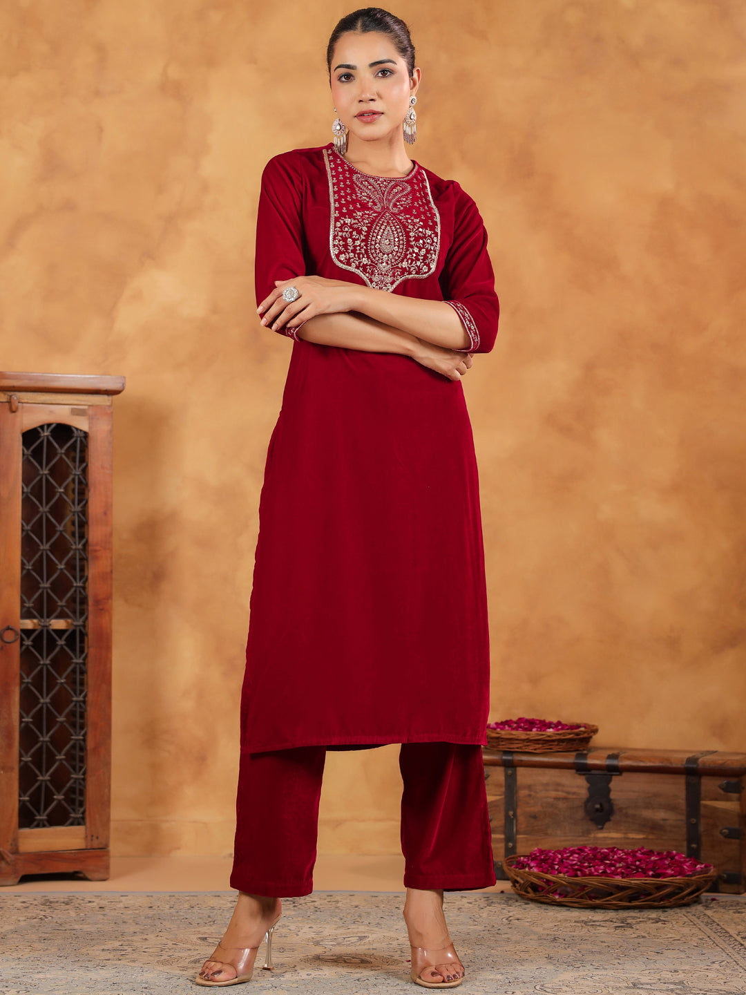 Red Velvet Zari Embroidered Straight Kurta Set