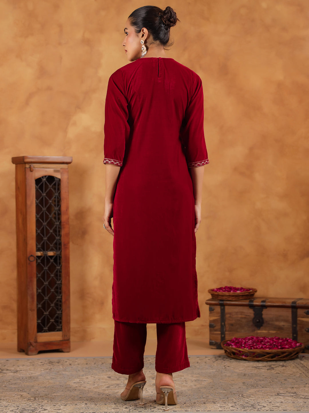 Red Velvet Zari Embroidered Straight Kurta Set