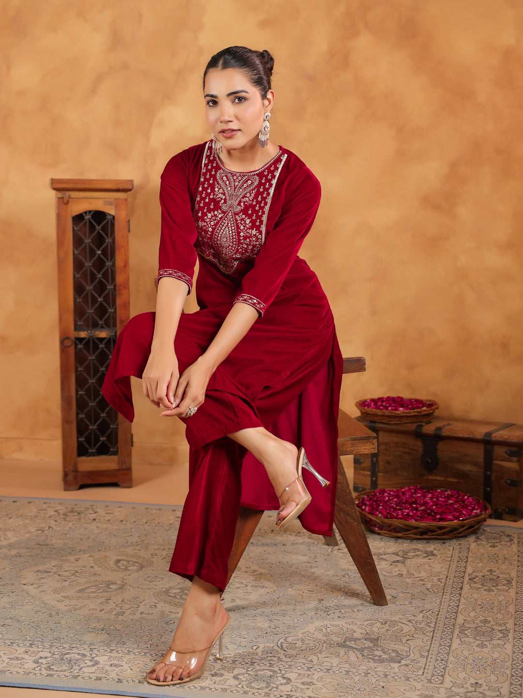 Red Velvet Zari Embroidered Straight Kurta Set