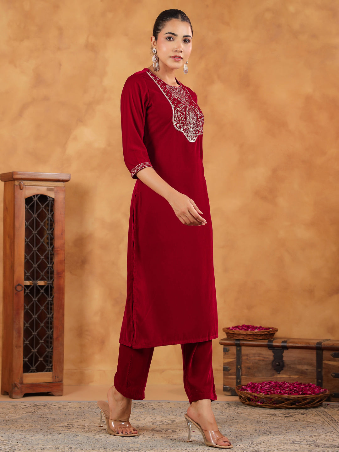 Red Velvet Zari Embroidered Straight Kurta Set