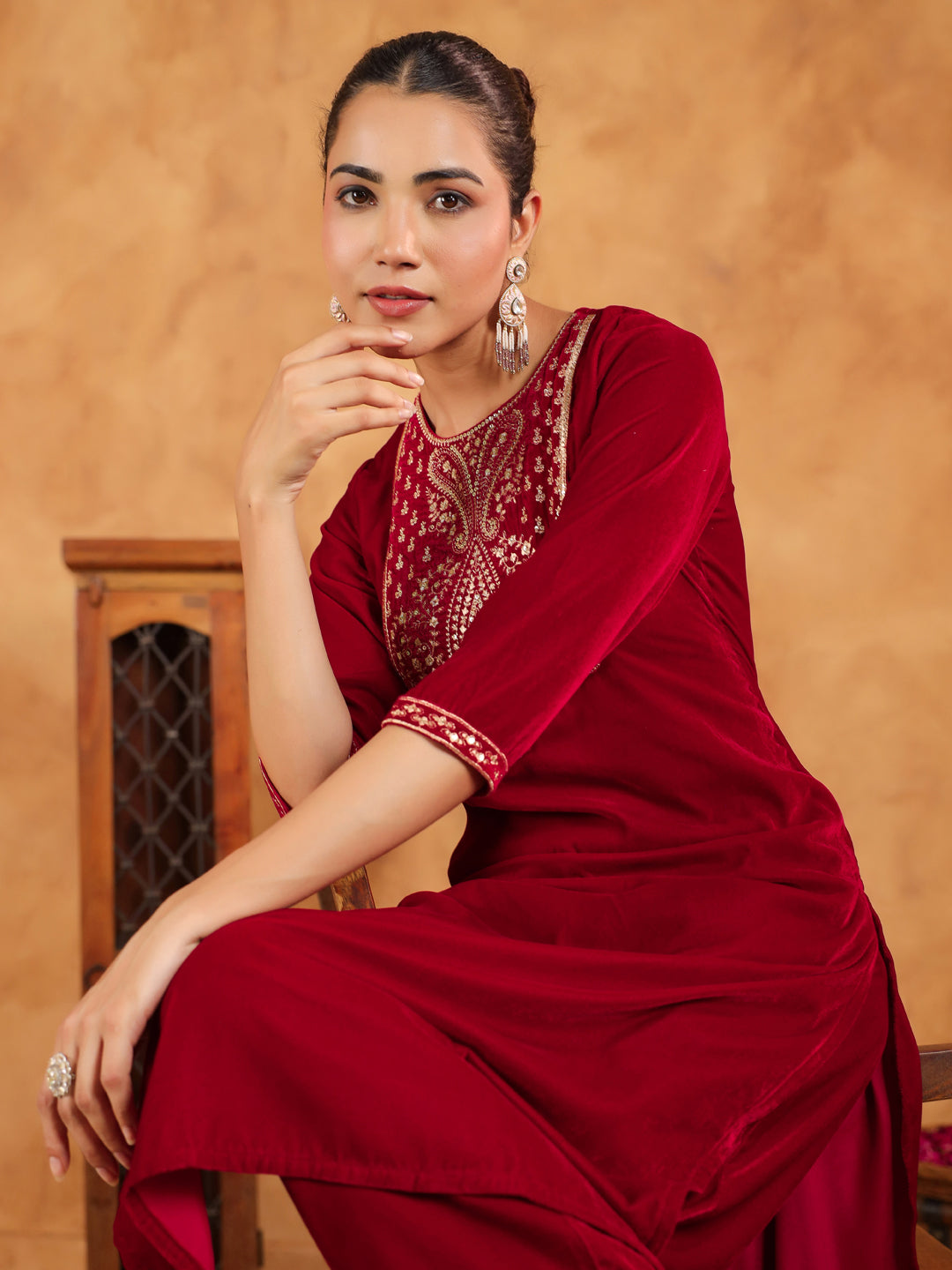 Red Velvet Zari Embroidered Straight Kurta Set