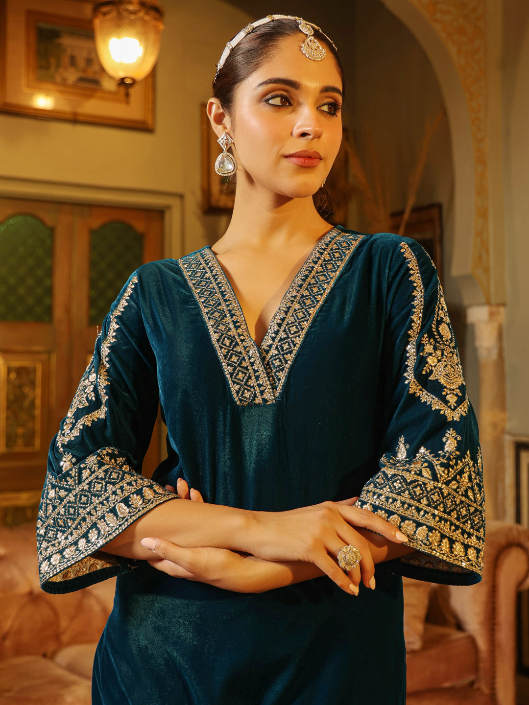 Teal Blue Velvet Zari Embroidered Straight Kurta Set