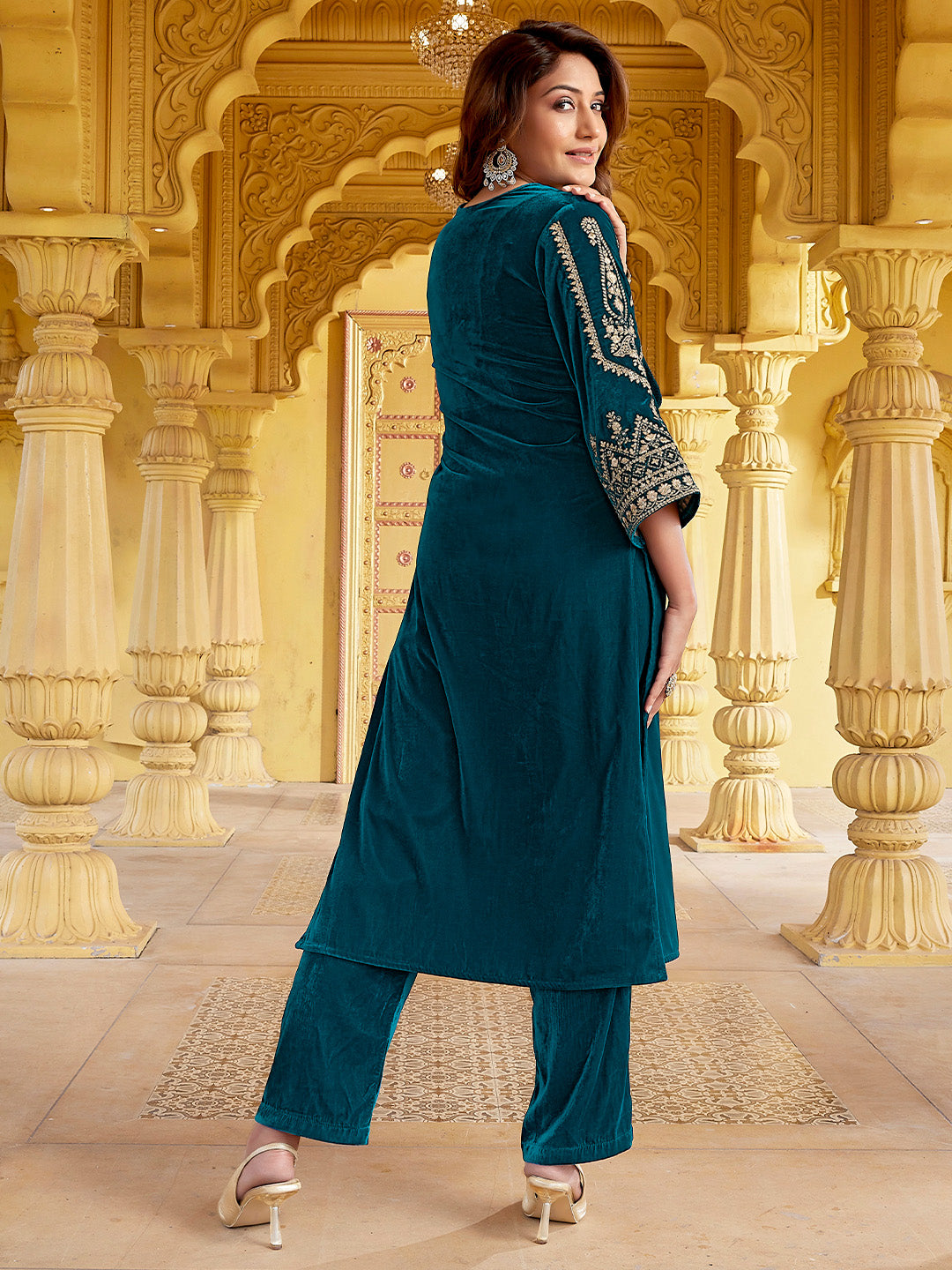 Teal Blue Velvet Zari Embroidered Straight Kurta Set