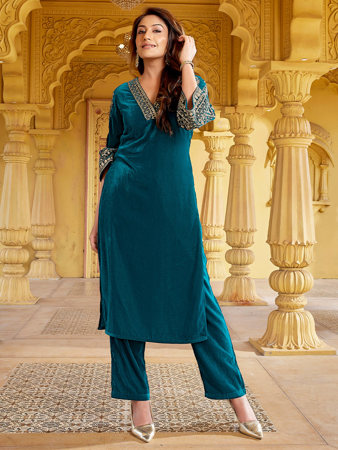 Teal Blue Velvet Zari Embroidered Straight Kurta Set