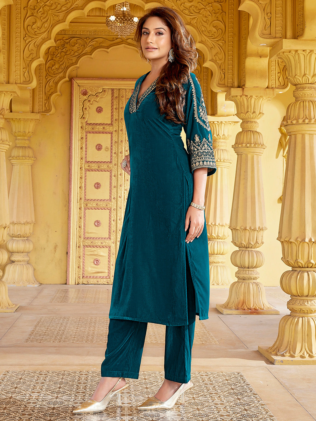 Teal Blue Velvet Zari Embroidered Straight Kurta Set