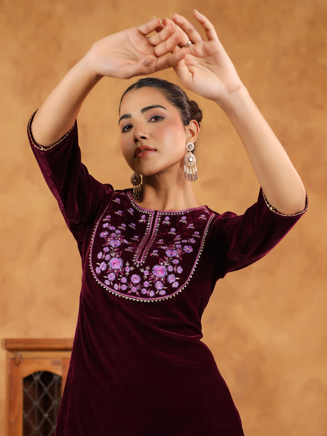 Wine Velvet Yoke Embroidery Straight Kurta Set