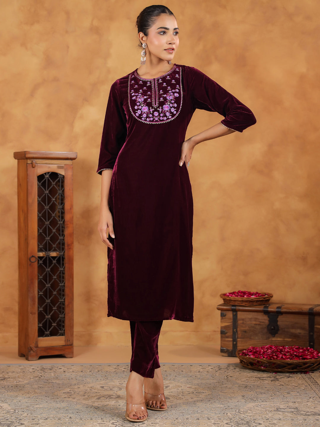 Wine Velvet Yoke Embroidery Straight Kurta Set